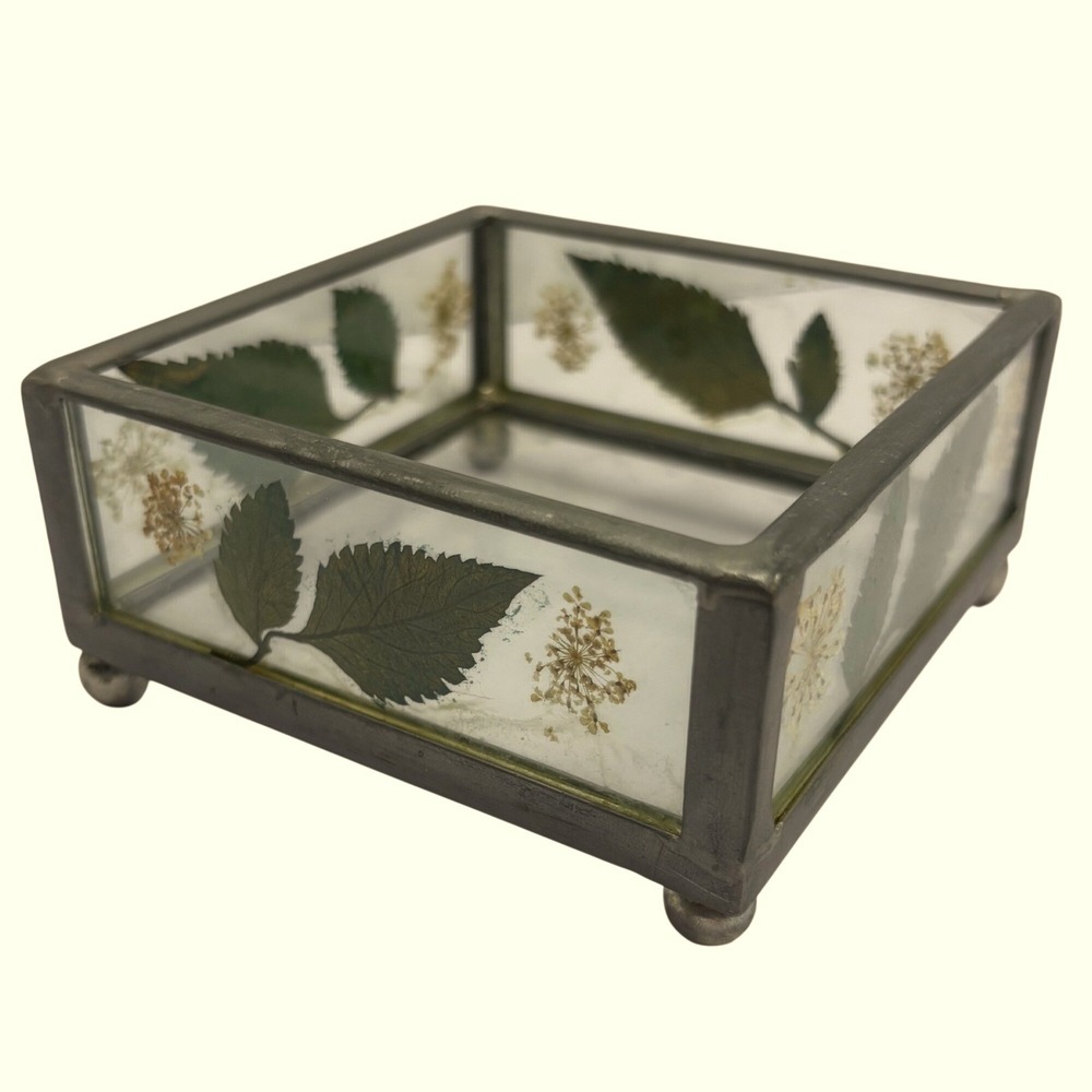 Vintage Pressed Flower Glass Trinket Box Botanical Jewelry Dish Silver Tone 4x4